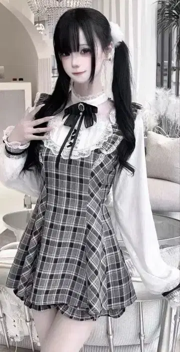 지뢰계 셋업 원피스 깅엄 체크 패턴