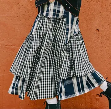 프리다 체크 패치워크 프릴 플레어 캉캉 스커트