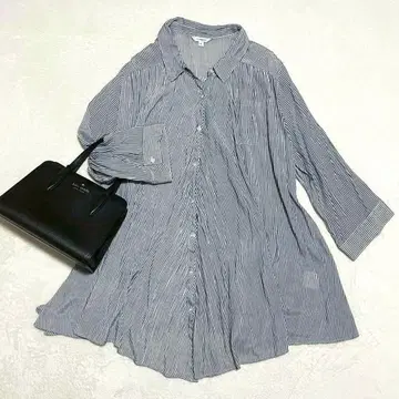 [빅 사이즈 4L] 스트라이프 셔츠 시어 소재 겉옷 셔링 플레어