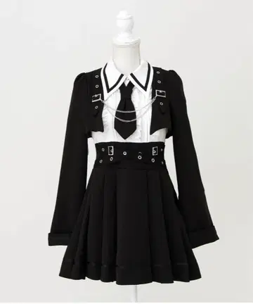 자켓풍 체인 넥타이 벨트 플리츠 원피스