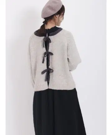 Samansa Mos2 배색 리본 전후 2WAY 니트 바이컬러 그레이