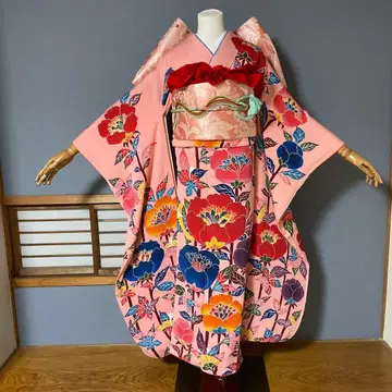 후리소데 7점 세트 손그림 유젠 환상적인 꽃무늬 손염색 후리소데 핑크색