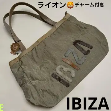 IBIZA 이비자 토트백 나일론 x 가죽 로고 자수 참 포함 카키