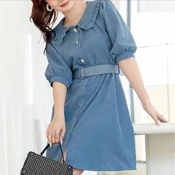 피터팬 칼라 칠부 소매 미니 원피스 블루/스카이블루 M 반팔 셔츠 원피스