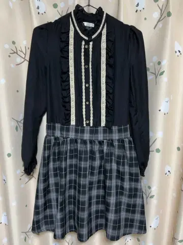 긴팔 원피스 체크 무늬 프릴 레이스 블랙 M 사이즈