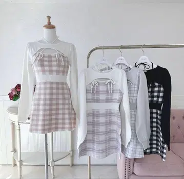 evelyn 리본 체크 타이트 OP 블랙 원피스