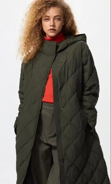 유니클로 퍼프 테크 롱 코트 릴랙스 핏 M 사이즈 올리브