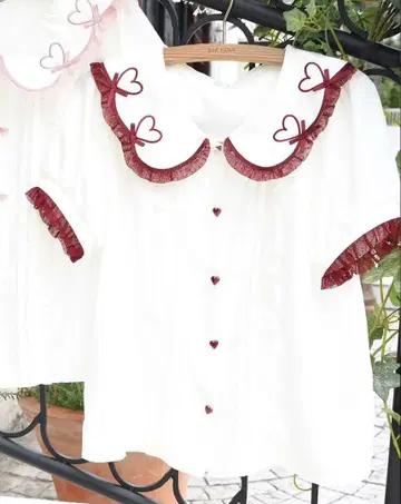 LIZLISA 블라우스 하트 스캘럽 리본 블라우스 레드 반팔 프릴