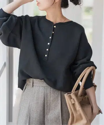 스픽 앤 스팬 메탈 버튼 헨리넥 니트