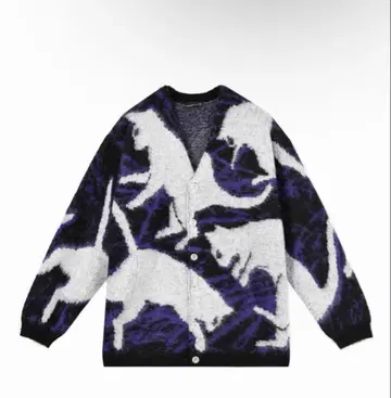 LAD MUSICIAN 고양이 패턴 니트 가디건 블랙 x 퍼플