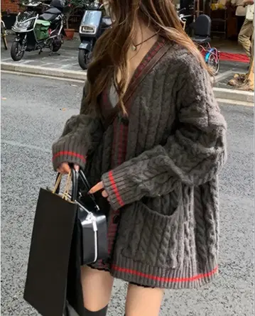 배색 라인 케이블 가디건 그레이 새상품