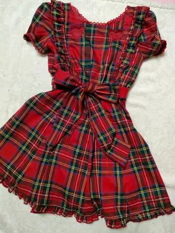 리즈리사 빨간색 체크 원피스 하트 프릴