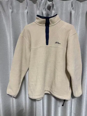 L.L. Bean 풀오버 플리스 크림색 스냅 T 필기체 로고