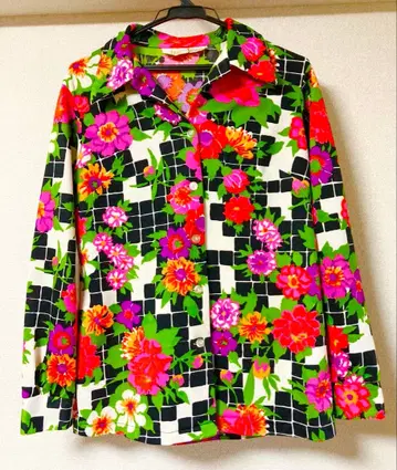 꽃무늬 체크 긴팔 셔츠 여성용 L 컬러풀 쇼와 레트로 올 패턴 사이키