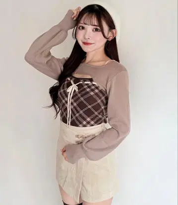 체크 리본 숏 레이어드 니트