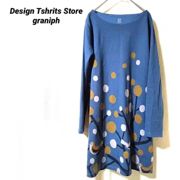 3770K 그라니프 새 패턴 나무 열매 패턴 롱 슬리브 원피스 튜닉 파랑