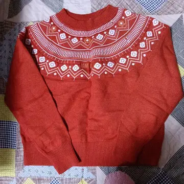 오렌지 기하학 패턴 자수 긴팔 니트