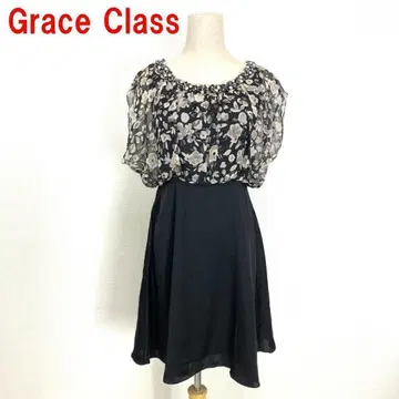 A3345 그레이스 클래스 무릎 기장 원피스 실크 반팔 꽃무늬 블랙 36