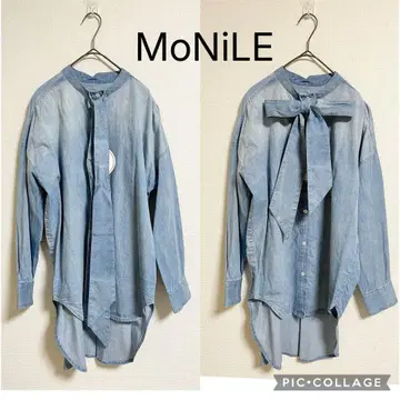 [새상품] 모니레 보타이 리본 데님 셔츠 라이트 블루 던가리 셔츠
