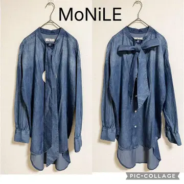 [ 새상품 ] 모니레 보타이 리본 데님 셔츠 진한 블루 바지 셔츠