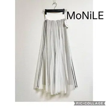 [새상품] 모니레 사이드 라인 허리 리브 튤 플레어 스커트 화이트 계열