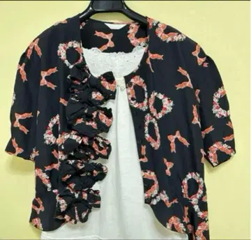 레어 레트로 핑크하우스 블라우스 리본 꽃무늬 빈티지