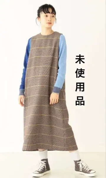 미사용품 BEAMS BOY 폴리에스테르 체크 슬리브리스 원피스