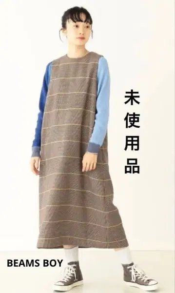 미사용품 BEAMS BOY 폴리에스테르 체크 슬리브리스 원피스