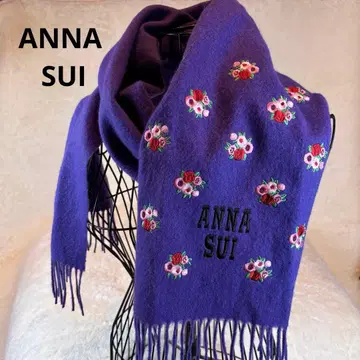 ANNA SUI 퍼플 꽃무늬 자수 머플러 울 HAND WASH 가능