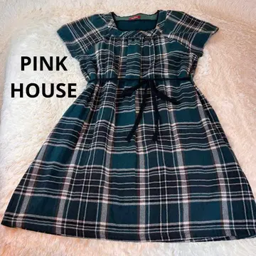 PINK HOUSE 그린 계열 체크 원피스 넥라인 허리 블랙 레이스 리본