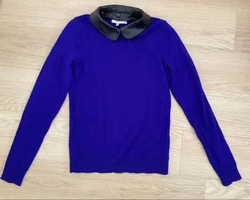 미사용 밀리 MILLY 가죽 카라 부착 니트 블루 퍼플