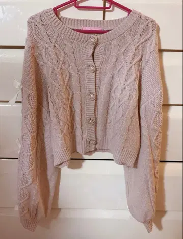 허니시나몬 소매 리본 니트 가디건 핑크