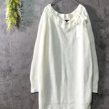 블루 로즈 긴팔 니트 원피스 무릎 기장 리본 포함 프릴 디자인 3L