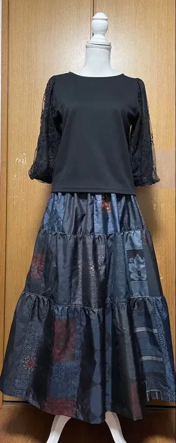 기모노 리메이크 남색 계열 오시마 패치워크 캉캉 스커트