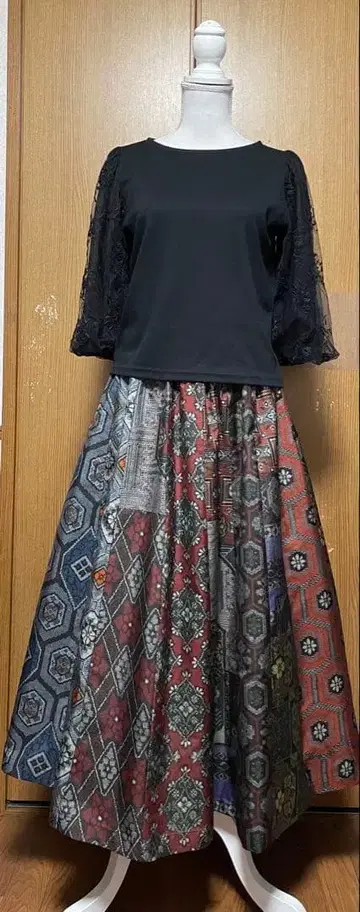 기모노 리메이크 무라야마 오오시마 패치워크 A라인 스커트 16매박이