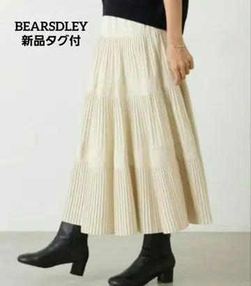 택 포함 새상품 비어즐리 플리츠 티어드 롱 스커트 화이트 F