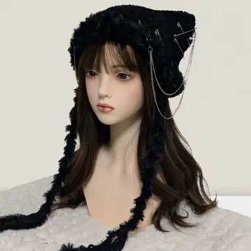 체인 포함 핸드메이드 고양이 귀 니트 모자 올 블랙 y2k 그런지