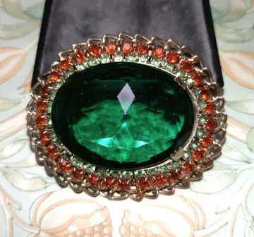 대형 그린 유리 빈티지 오벌 브로치