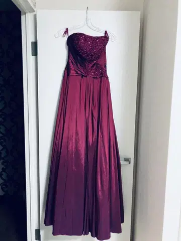 롱 드레스(TWEED DRESS) 와인 레드 스트랩리스