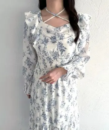 꽃무늬 크로스 리본 프릴 원피스