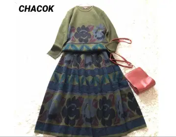 새상품급 샤코 울 니트 셋업 롱 스커트 꽃무늬 카키