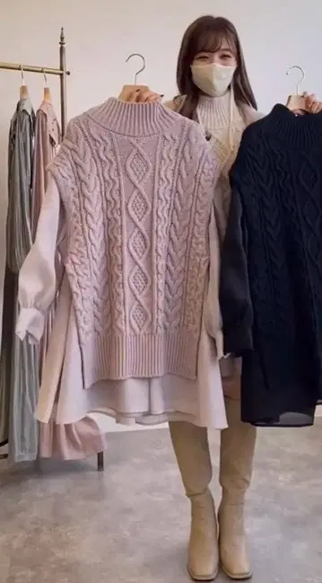 택 포함 코코딜 케이블 니트 베스트 x 오간자 원피스