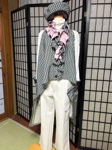 순수 실크 기모노 리메이크 물결 무늬 롱베스트 프릴 스톨, 베레모 포함