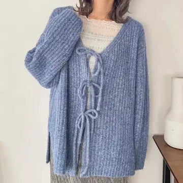 새상품 LOWRYSFARM 2WAY 멜란지 리본 LS 니트 가디건