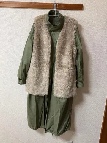 롱 코트 퍼 베스트 세트 카키 톨 사이즈