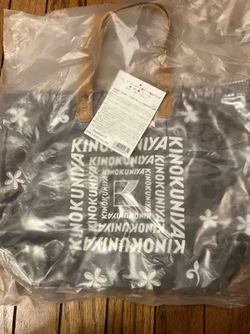 택 포함 새상품 기노쿠니야 몬스테라 패턴 클리어 캔버스 백 다크 그레이