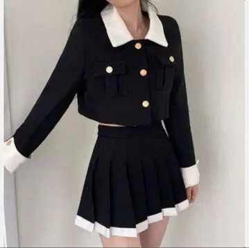 배색 컬러 트위드 자켓 & 플리츠 스커트 세트