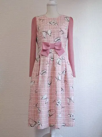 [ 새상품 ] M'S GRACY 리브 니트 절개 트위드 프린트 원피스