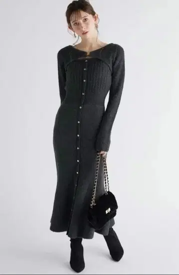 rienda many way 가디건 세트 니트 원피스 (다크 그레이)