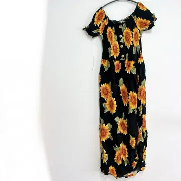 해바라기 무늬 오프숄더 긴팔 원피스